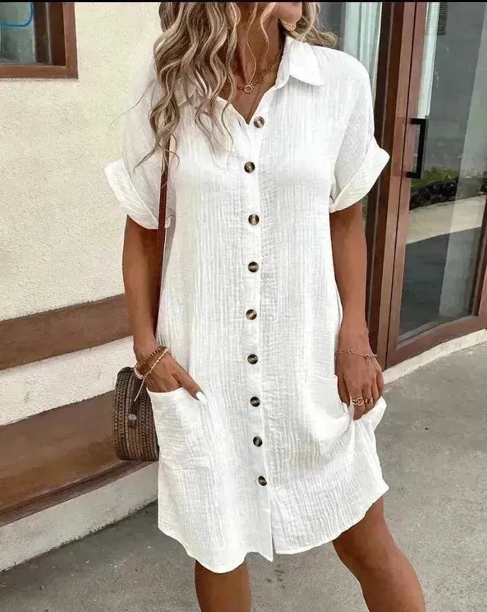 Artistic Vibe Womens Button Down Shirt Dress Summer Cotton Linen Dress V-Neck Mini Dress Casual Short Sleeve Loose Tunic Dresses