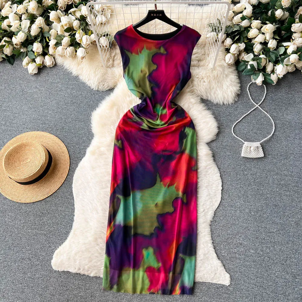 Women's Summer New Style Slim Fit And Thin Versatile Printed Tulle Dress Smooth Lines Smooth Shape