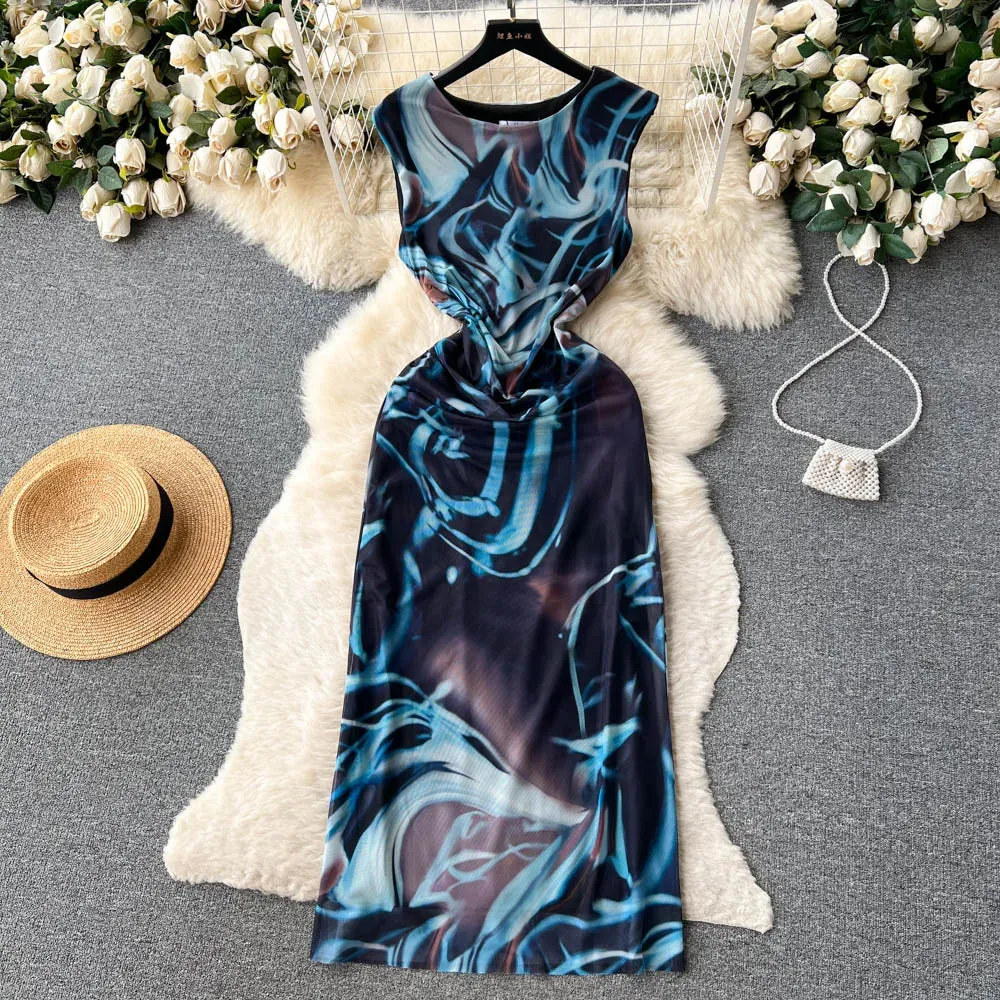 Women's Summer New Style Slim Fit And Thin Versatile Printed Tulle Dress Natural Tones Soft Design