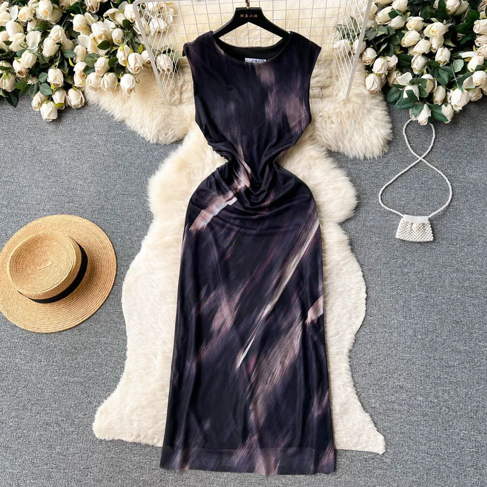 Women's Summer New Style Slim Fit And Thin Versatile Printed Tulle Dress Airy Silk