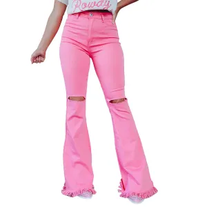 Casual Trousers CompressionEnhanced Ripped Bell-bottom Fashion Solid Color High Waist Slimming Pants