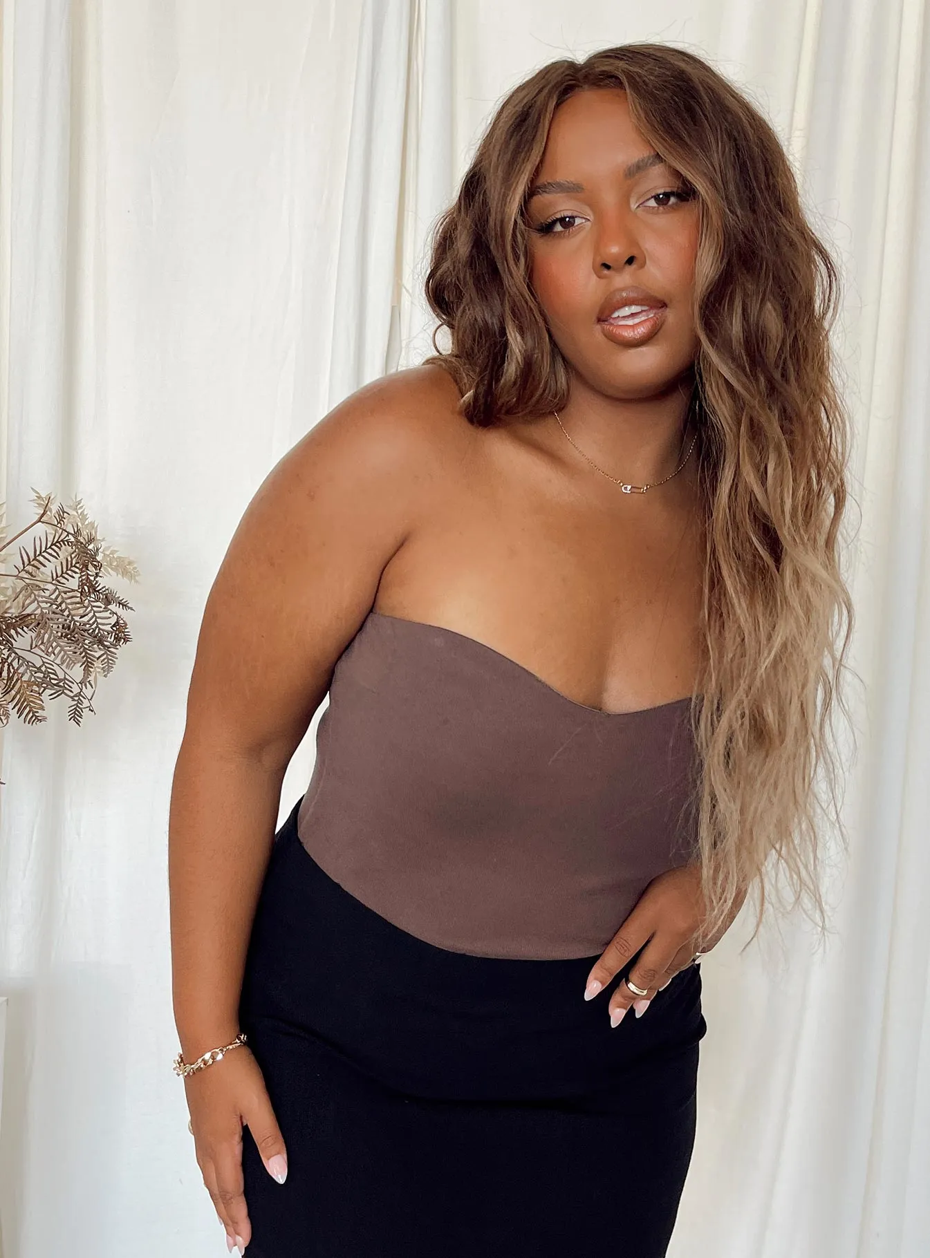 Aston Strapless Bodysuit Brown Curve nylon bodysuit