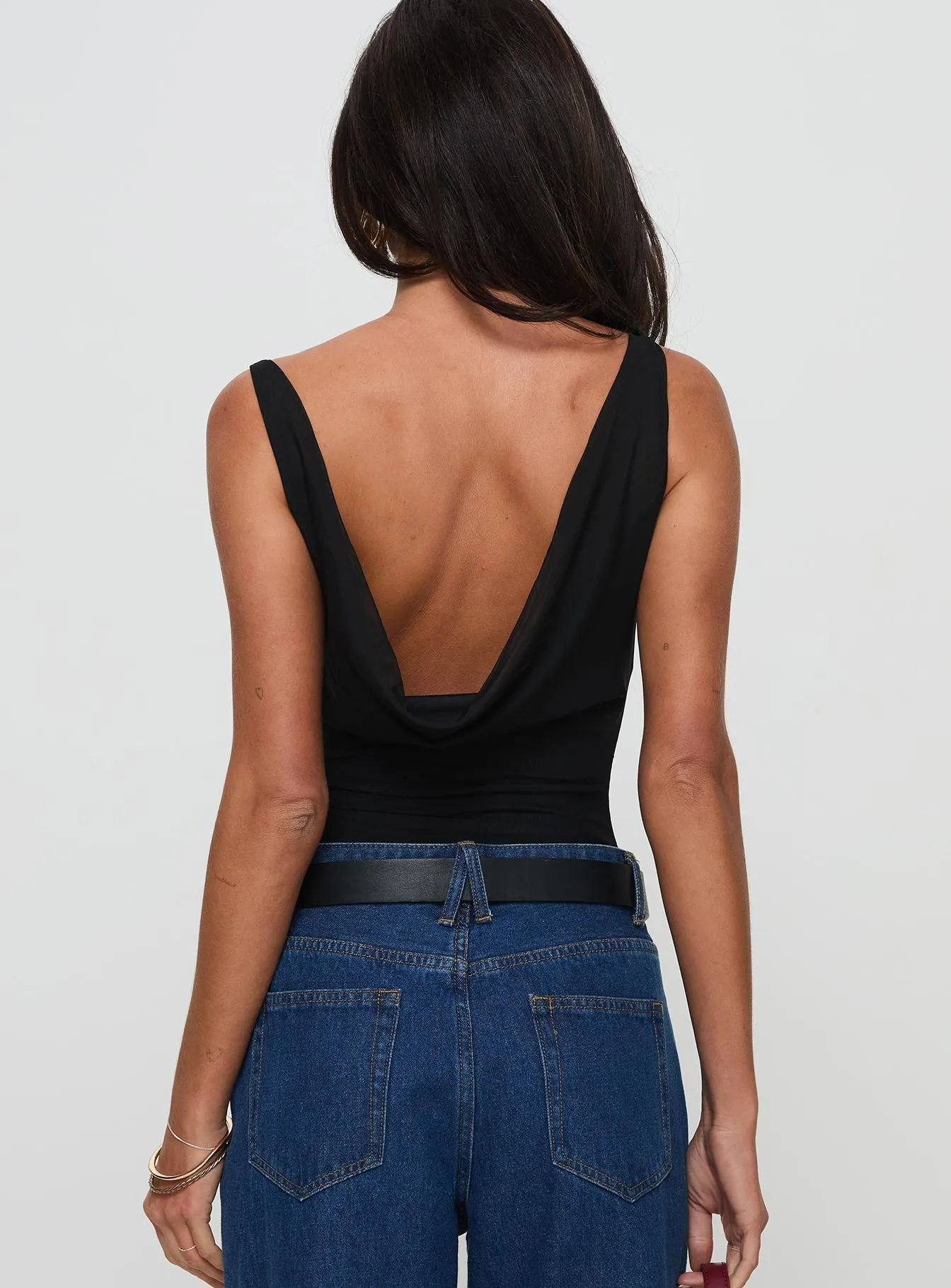 purple bodysuit Axton Cowl Neck Bodysuit Black