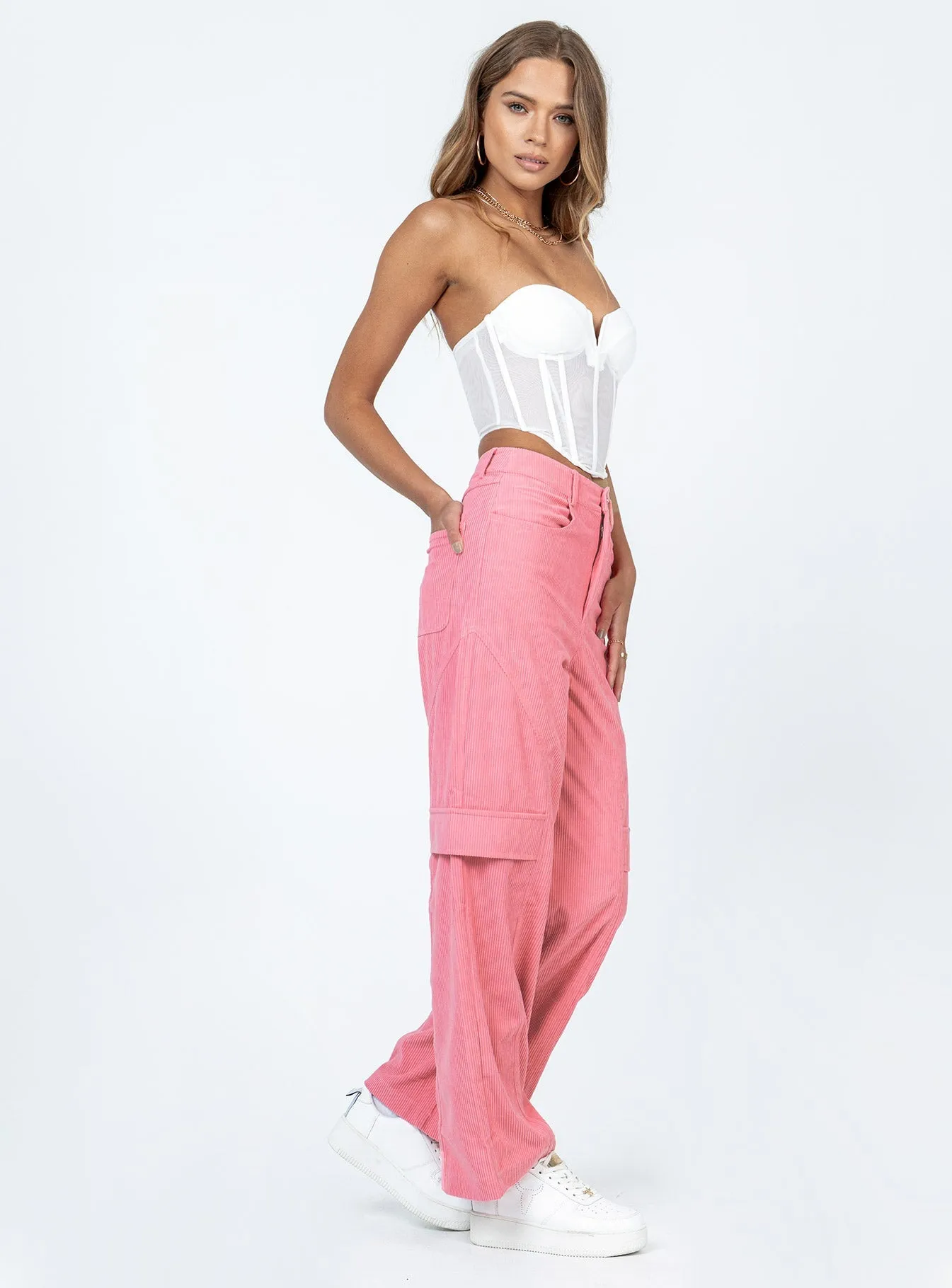 City Loop Cord Pant Pink Stretch Waist Contrast Trim