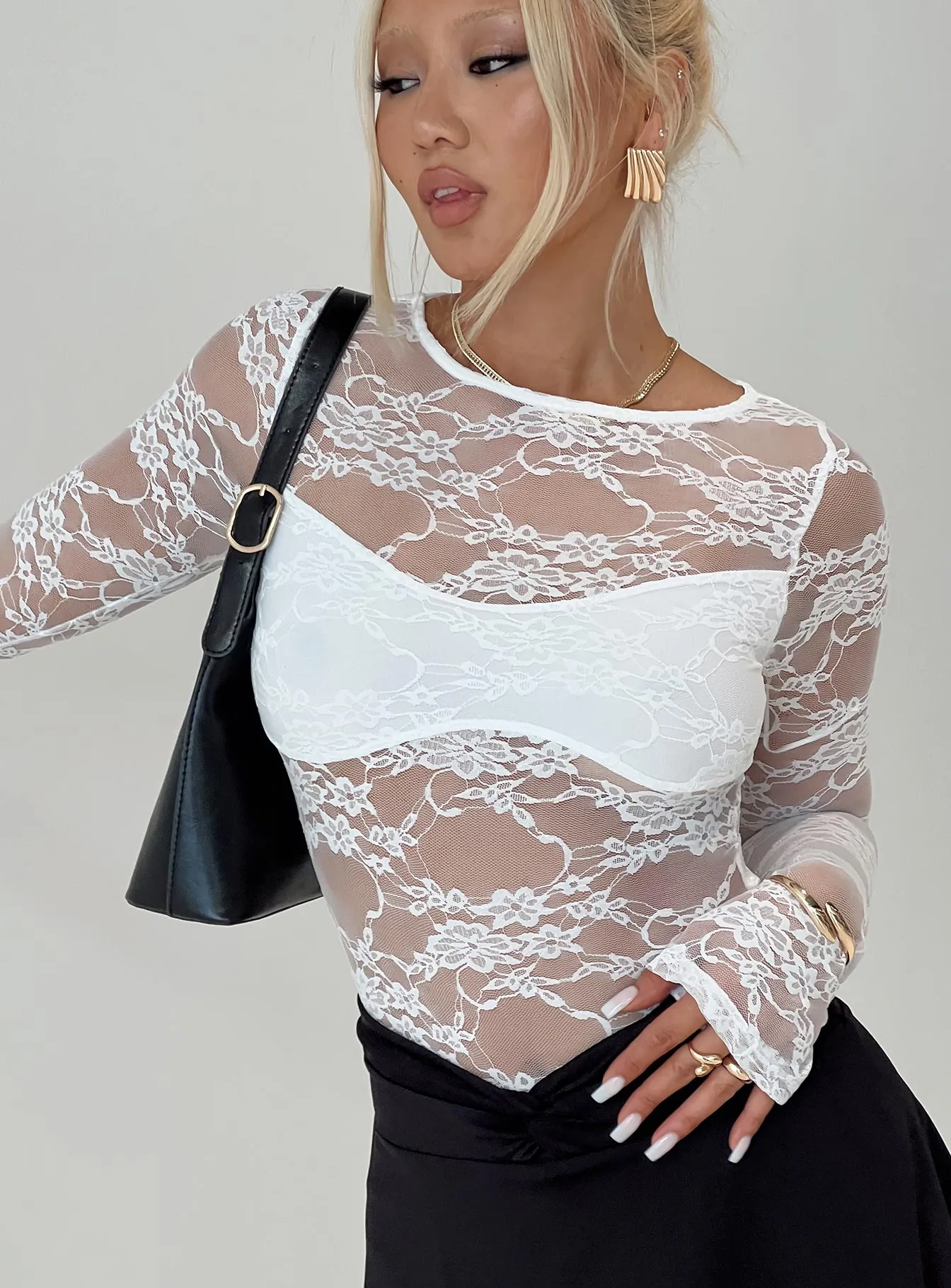 Feelix Long Sleeve Lace Bodysuit White purple bodysuit