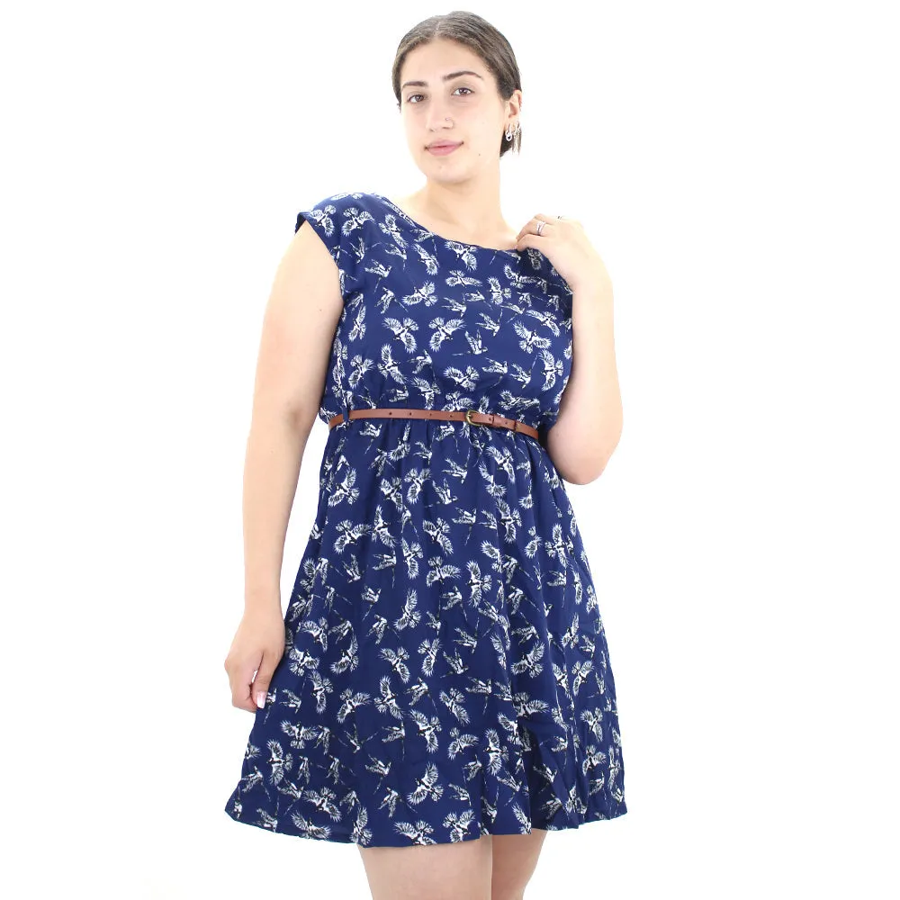 Heart Tone Minimalist Waistband Women's Birds Printed Dress With Belt,Navy
