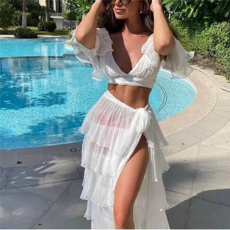 Sheer-Overlay 2pcs Summer White Vacation Resort Beach Outfit set summer fashion