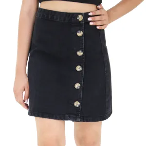 Travel Friendly Women's Solid Buttons Denim Skirt,Black