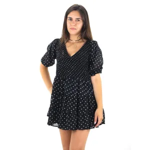 Women's Polka Dots Ruffle Mini Dress,Black Comfortable Waist Design