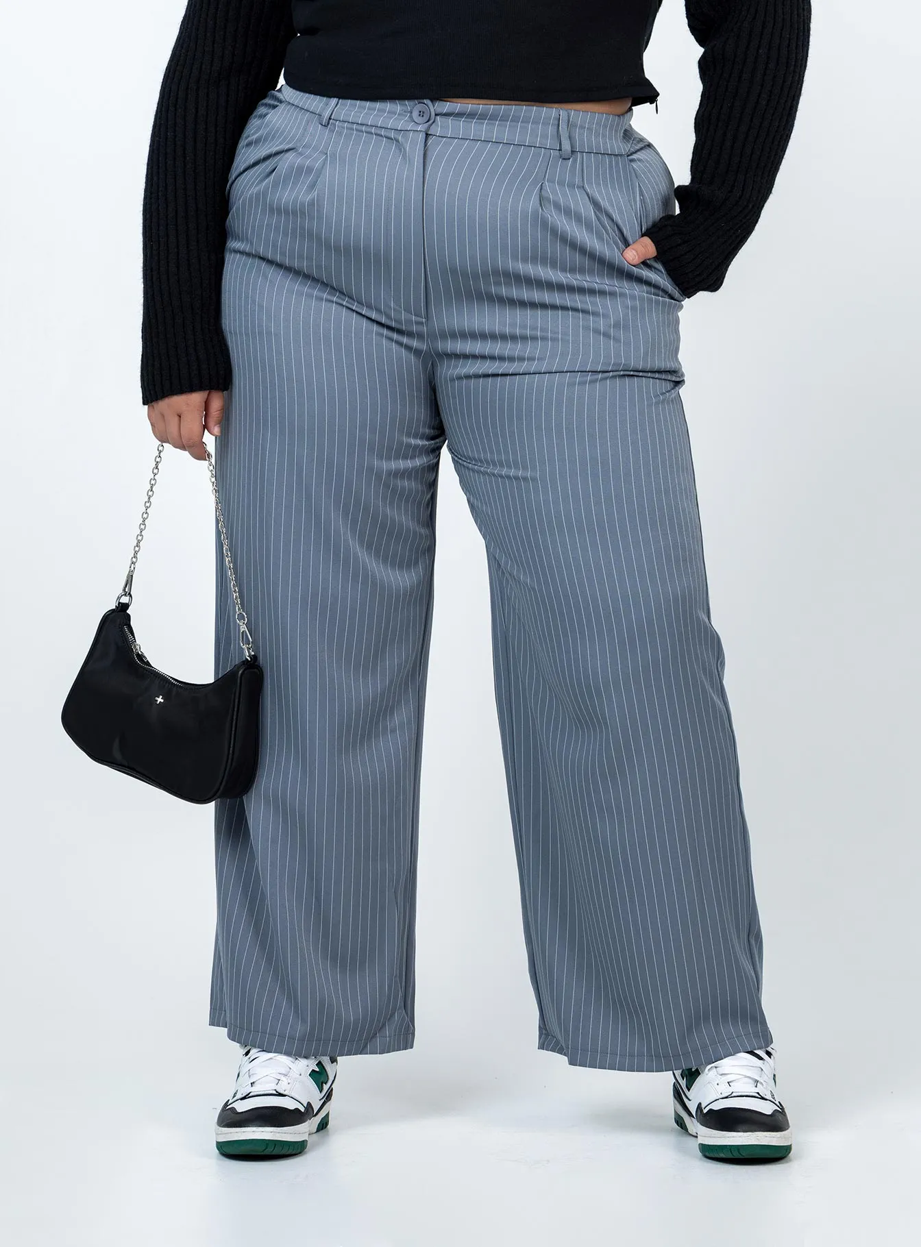 Smooth zipper closure Flexible Comfort Archer Pants Pinstripe Grey Curve