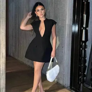 Charming Deep V-neck A-line Mini Dress Summer Fashion French Style Slimming Short Dresses Cardigan Temperament Dress Skirt Hot Girl Thermal-Lined