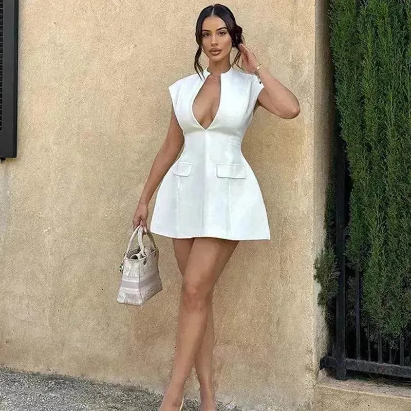 Soft Curve HypoallergenicFiber Charming Deep V-neck A-line Mini Dress Summer Fashion French Style Slimming Short Dresses Cardigan Temperament Dress Skirt Hot Girl