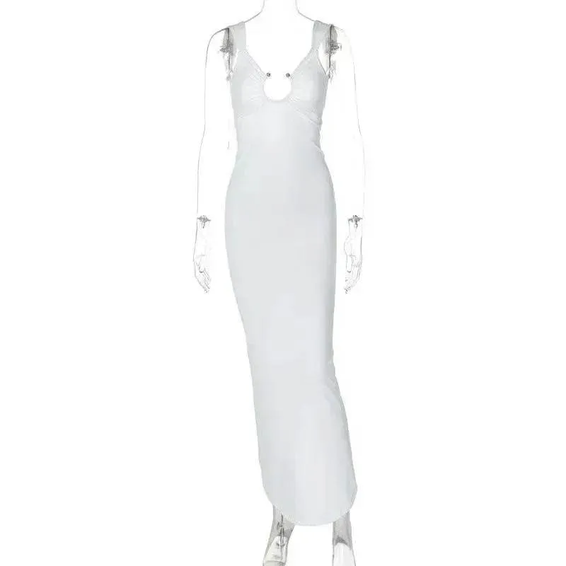 Bright Accent Comfortable texture Charming V-neck Backless Slit Slim Fit Summer Dress