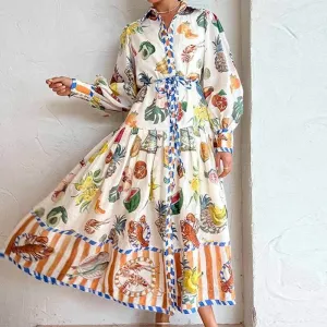 Eco Friendly Soft and Smooth Print Holiday Women Beach Dress With Belts A-Line Long Lantern Sleeve Single Breasted Lapel Seaside Dresses Robe