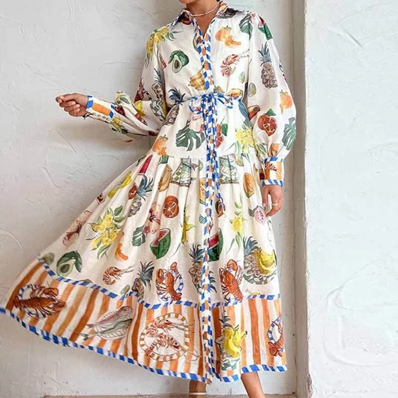Eco Friendly Soft and Smooth Print Holiday Women Beach Dress With Belts A-Line Long Lantern Sleeve Single Breasted Lapel Seaside Dresses Robe