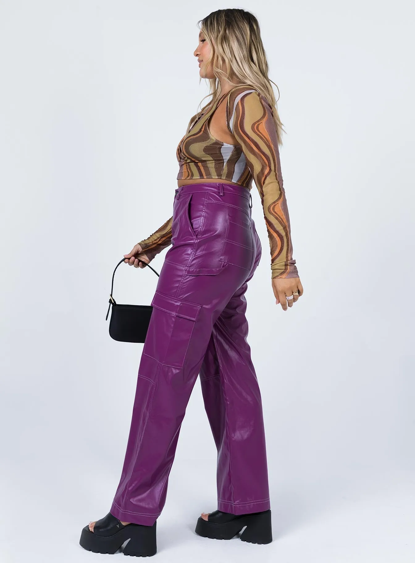Casual Vibe No Ride Callum PU Cargo Pants Purple