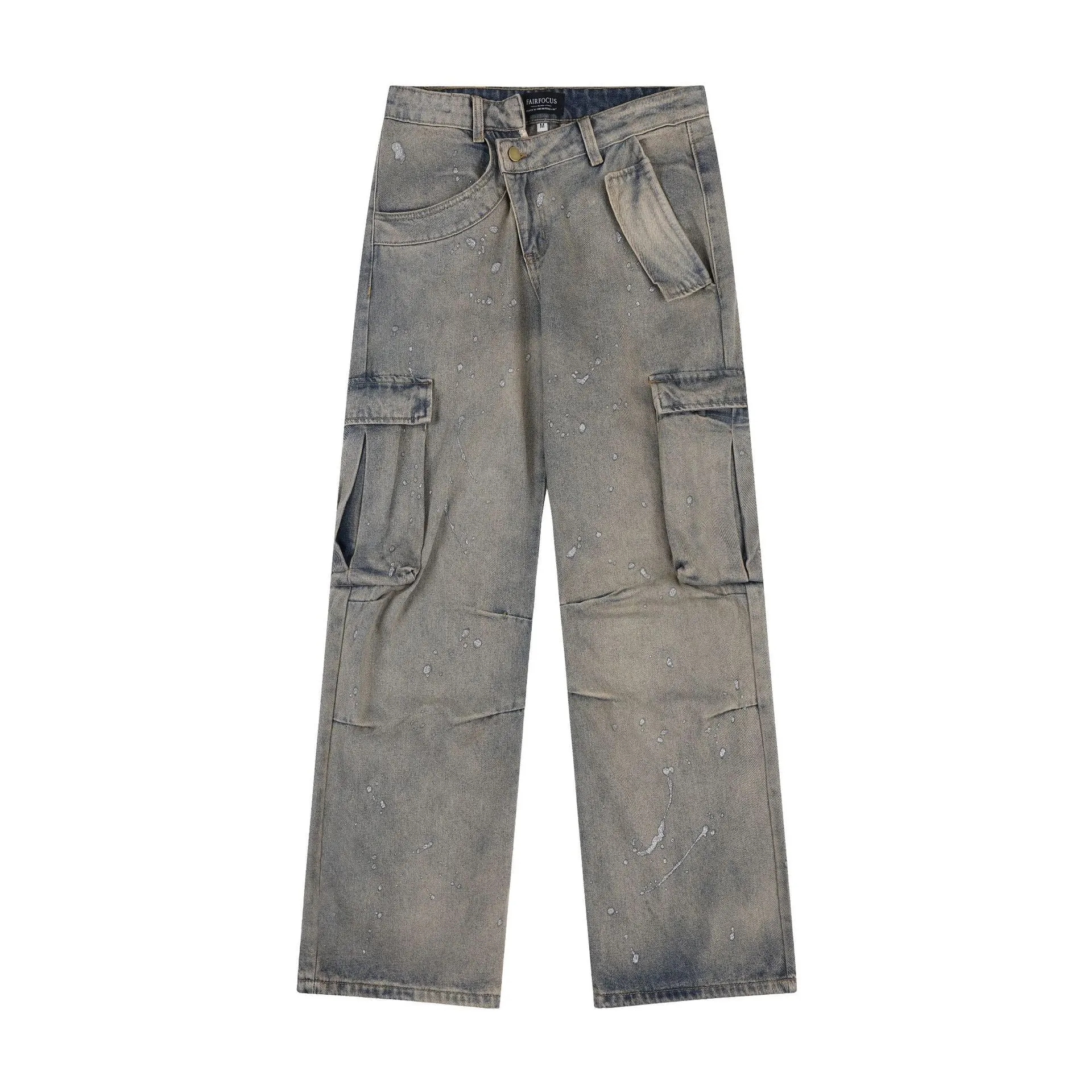 American Street Fashion Retro Easy Matching Washed Cargo Pocket Denim Trousers WaterRepellentSurface Hotel Style