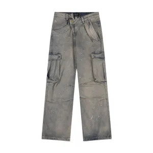 QuickDryMaterial Durable Stitching American Street Fashion Retro Easy Matching Washed Cargo Pocket Denim Trousers