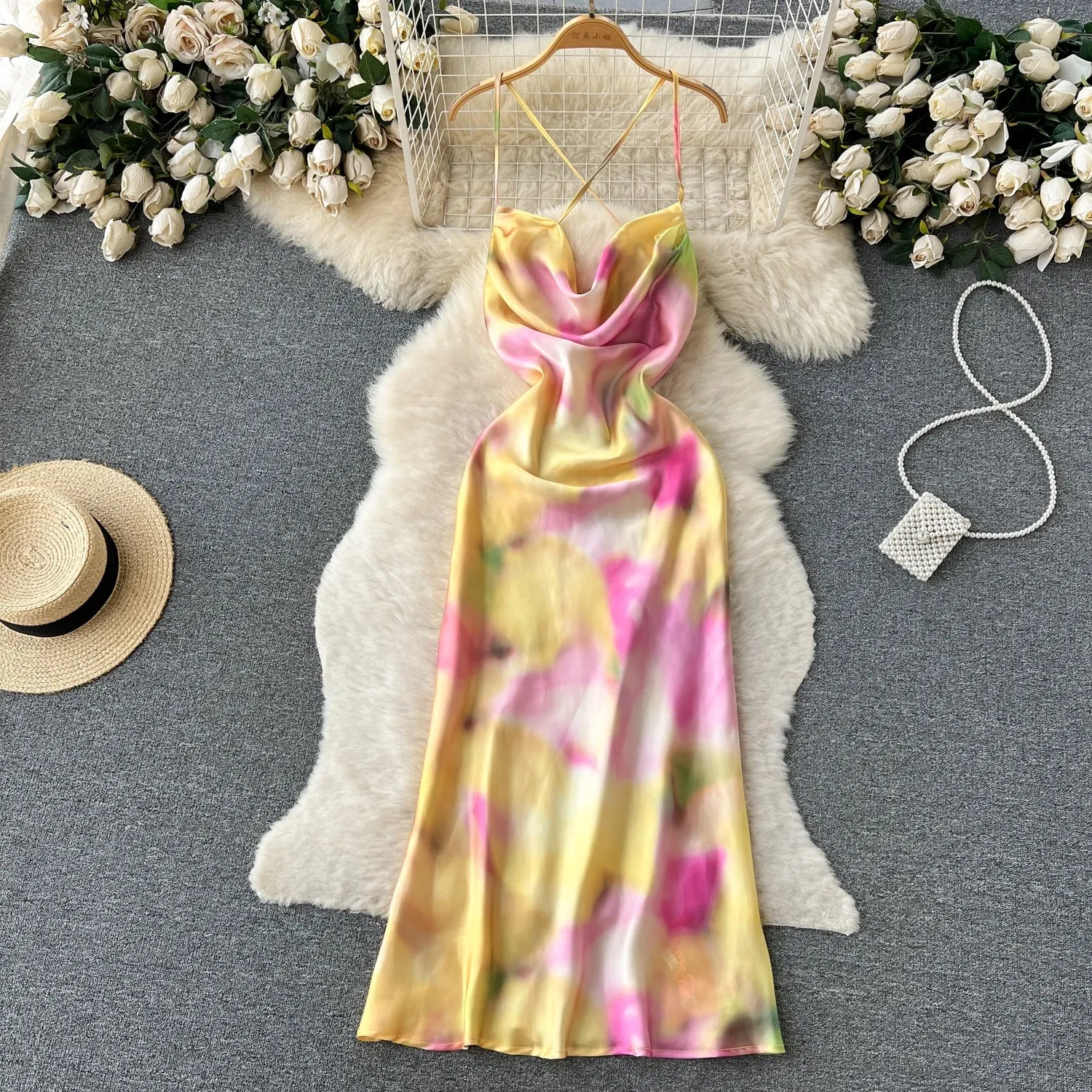 2024 Summer New Sexy Slip Dress Women's Fashion Print Dress Elegant Silhouette Raw-Hem