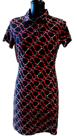 Ibkul Red & Black Equestrian Print Short Sleeve Polo Dress Size XS MSp$128 loose silhouette