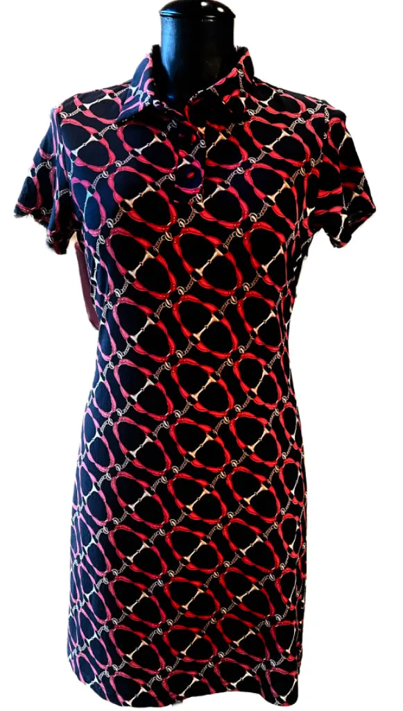Ibkul Red & Black Equestrian Print Short Sleeve Polo Dress Size XS MSp$128 loose silhouette