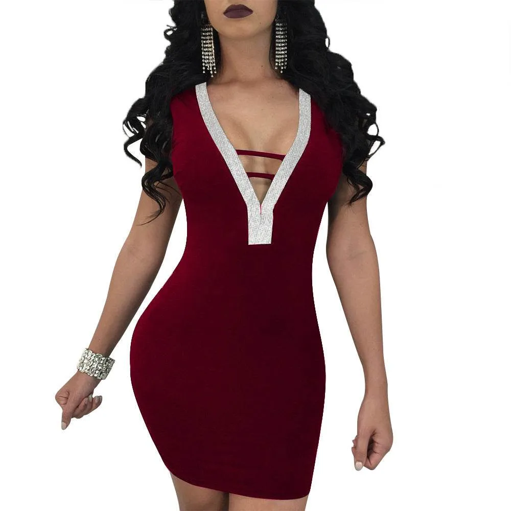 Sexy Slim Ladies Deep V-neck Bodycon Party Dresses Women Summer Sleeveless Hollow Out Backless Package Hip Dress Clubwear Neutral-Shade