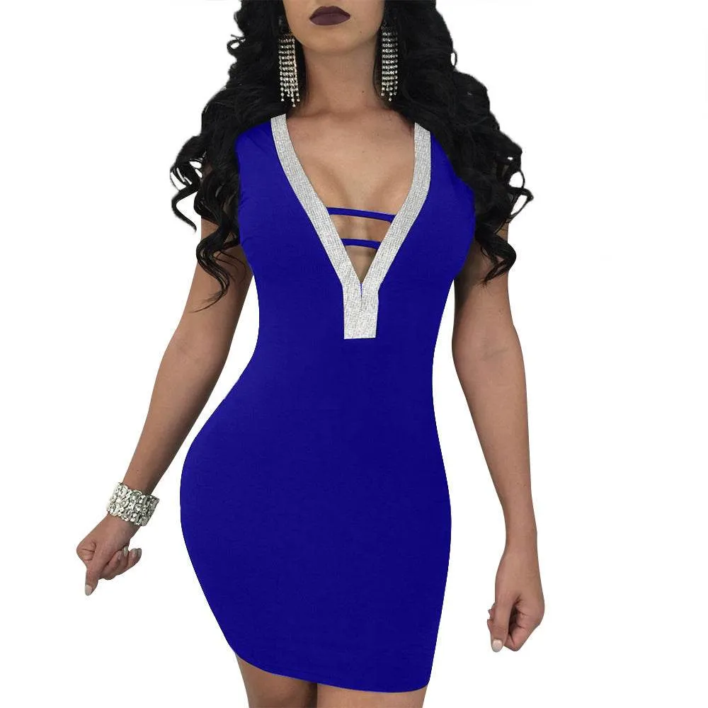 Sexy Slim Ladies Deep V-neck Bodycon Party Dresses Women Summer Sleeveless Hollow Out Backless Package Hip Dress Clubwear Daywear Mood Linen-Blend