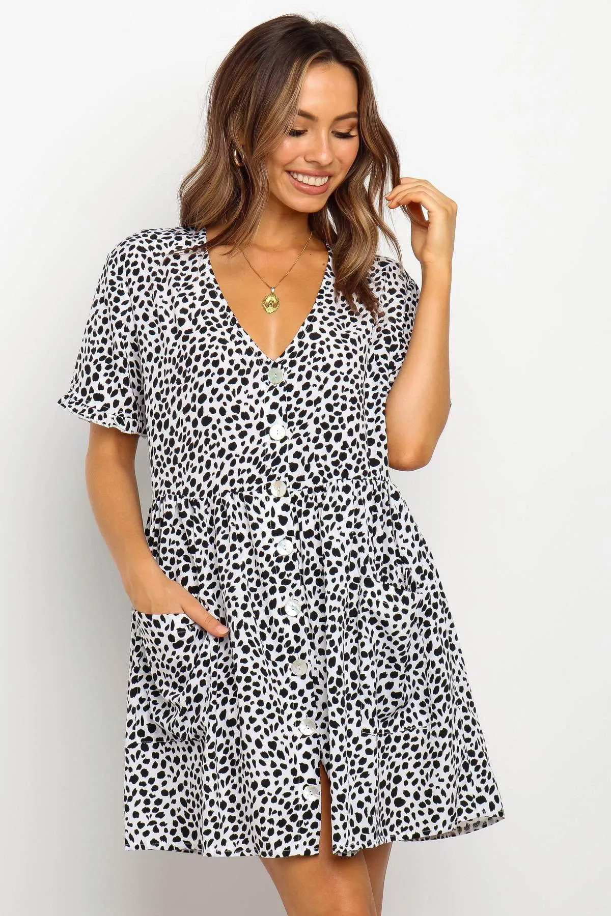 Cafe Vibe Workwear Casual Summer dresses Women Spring Mini short sleeve button down dot printed loose Dress
