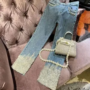 Women's Heavy Industry Beads Sequined Jeans QuickEvaporation Design Edge