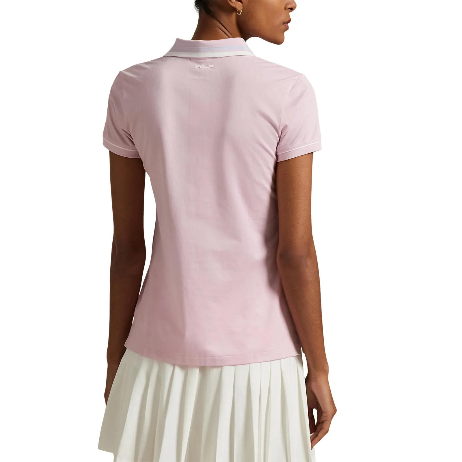 RLX Ralph Lauren Women's Tour Pique Polo Shirt - Garden Pink/White/Pale Blue Photo Fit AllSeasonWear