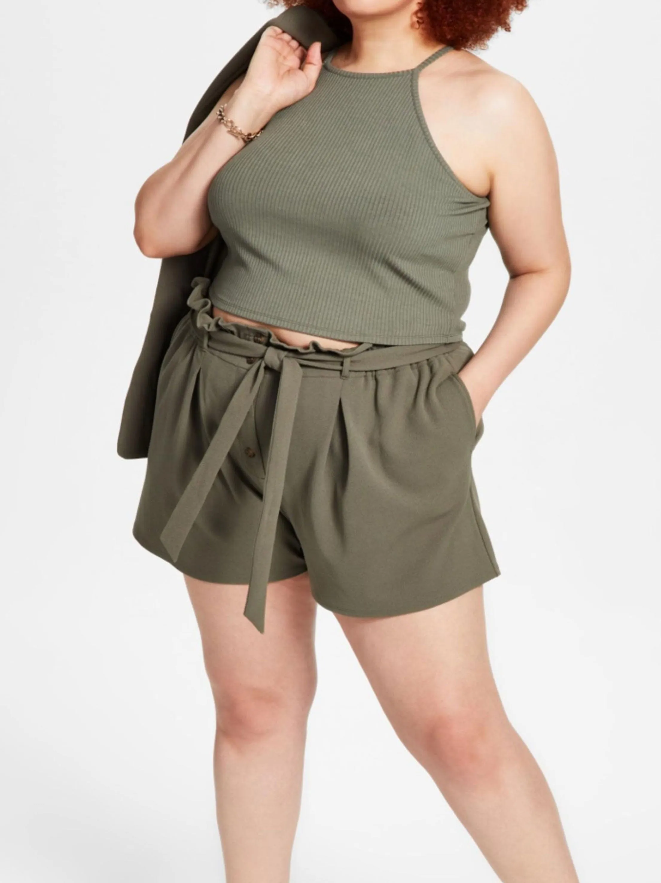 Women's Trendy Plus Size High-Rise Self Belted Short,Olive Elastic waist