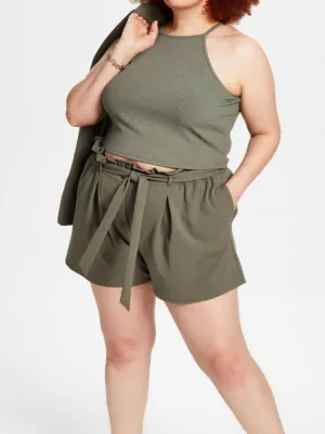 Women's Trendy Plus Size High-Rise Self Belted Short,Olive Elastic waist