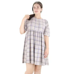 Fashion Option Women's Checked Short Sleeve Dress,Greige