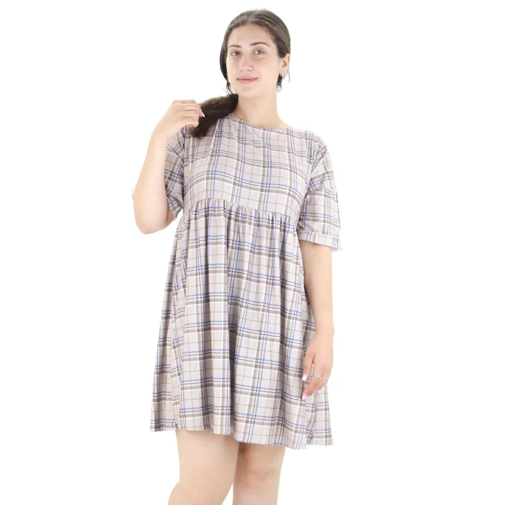 Fashion Option Women's Checked Short Sleeve Dress,Greige