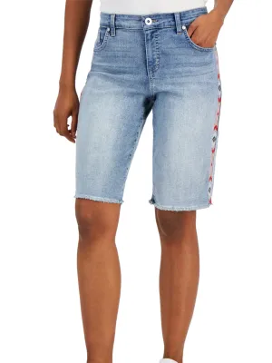 Women's Edge Embroidered Washed Denim Short,Light Blue Easy Comfort Fit Sports Comfort