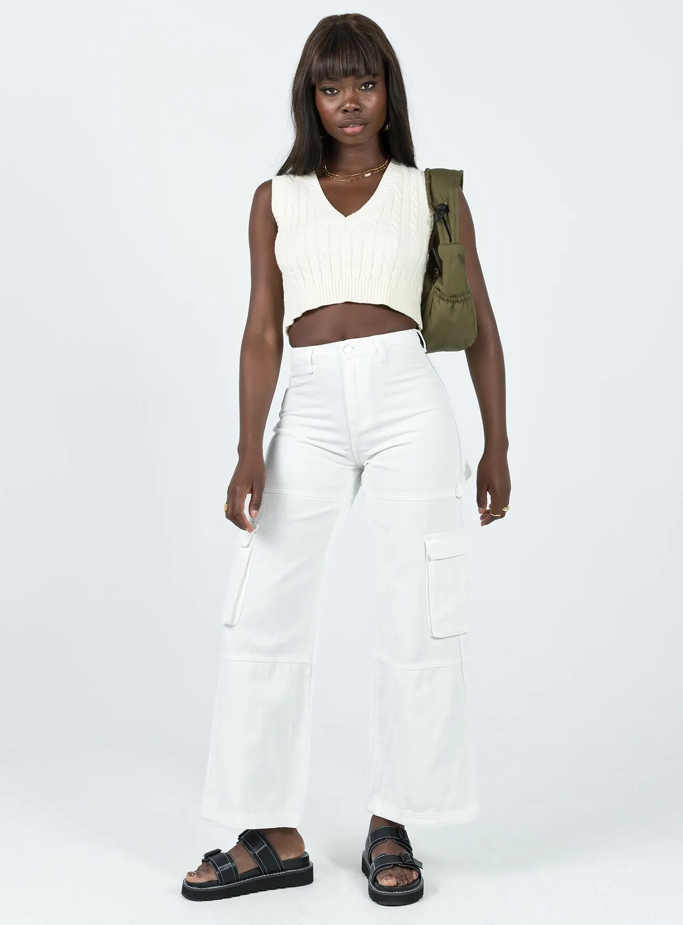 Adore Cargo Pants White Comfy Waistband Relax Fit Design