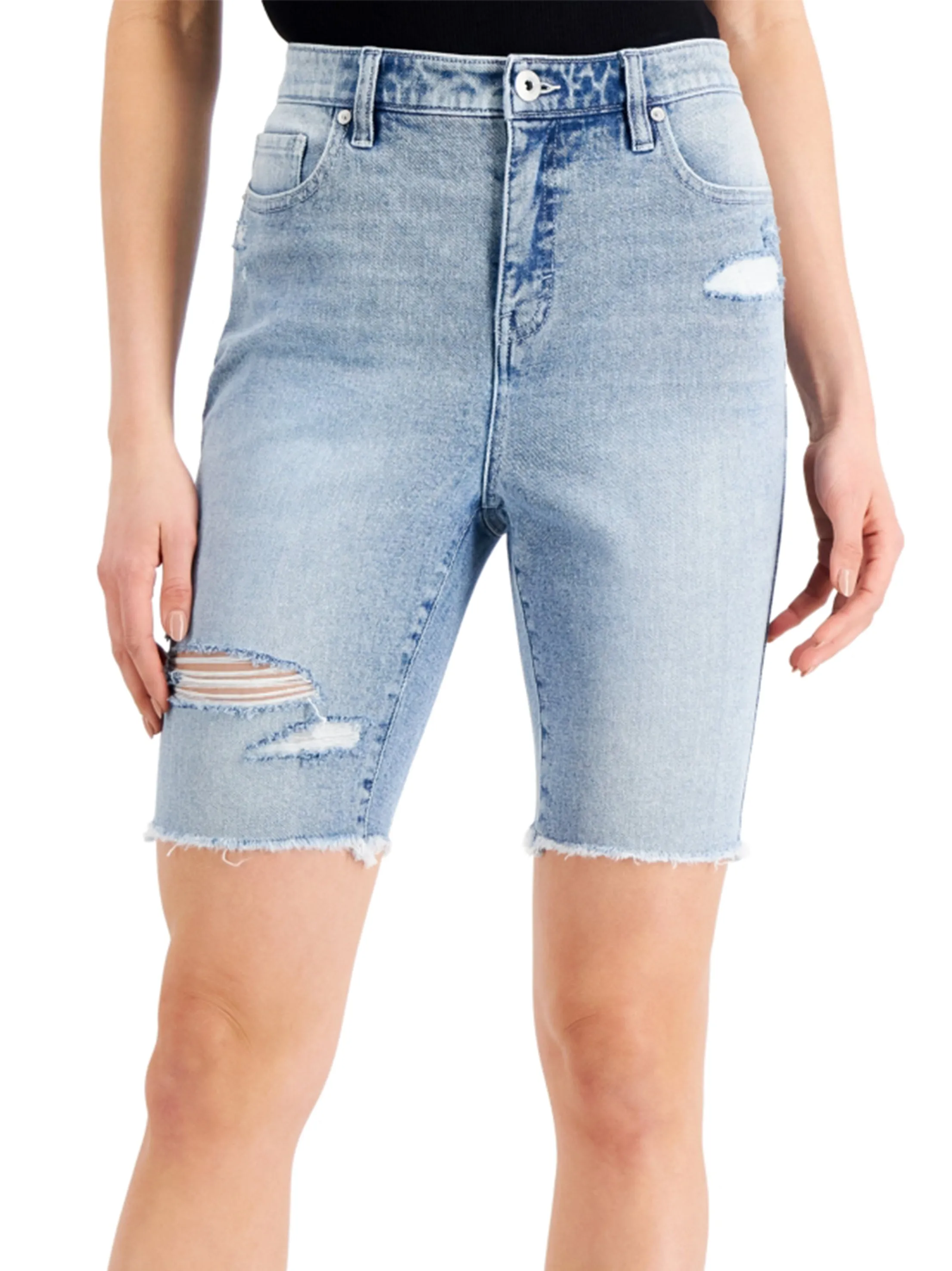 Easy Adjust Drawcord Women's Ripped Washed Denim Short,Light Blue