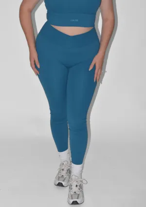 High Waisted Support Squat Proof Indoor Exercise V-Leggings - Petrol Blue