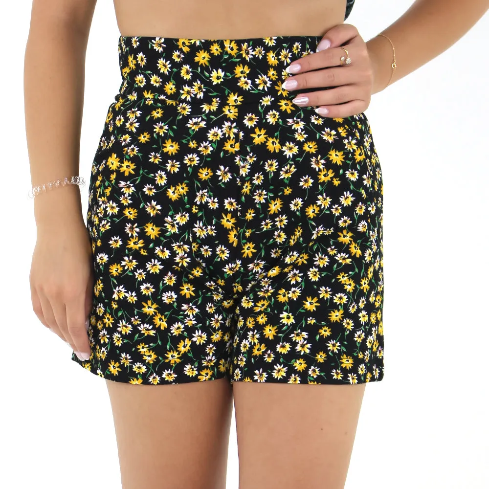 raincoat Flexible Waistline Women's High Waisted Floral Short,Black