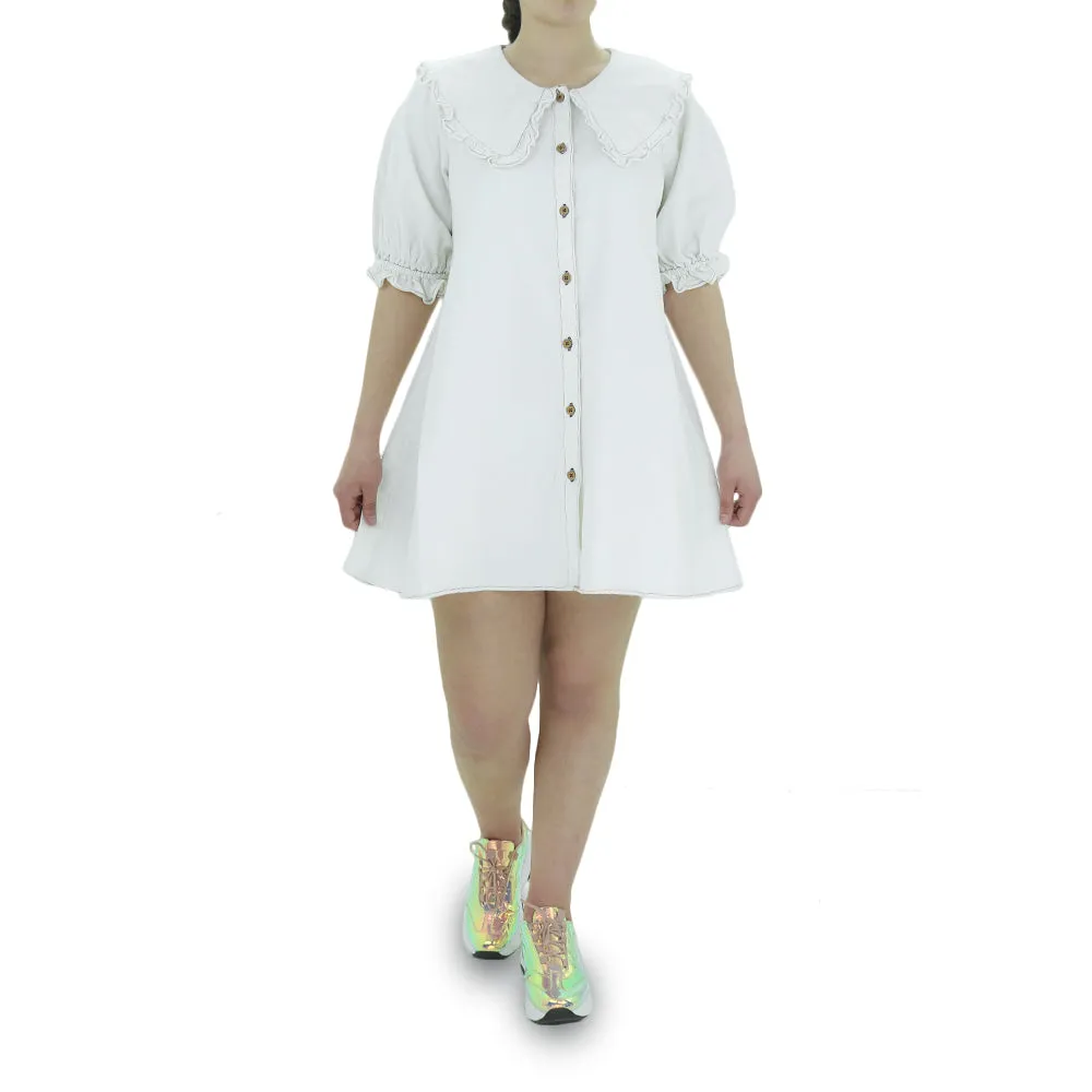 Chilly Comfort Versatile Look Women's Ruffle Neckline Shirt Dress,White