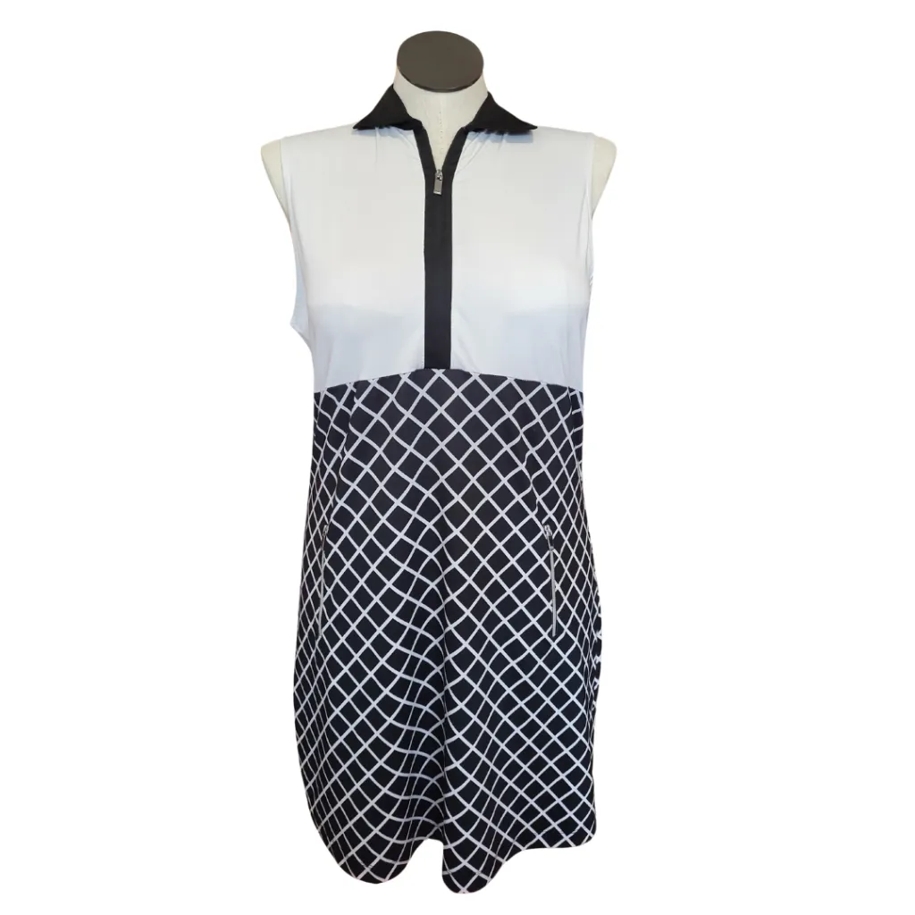 Moment Soft Button Chic Tail Activewear Sleeveless Black & White Print Golf Dress Size L