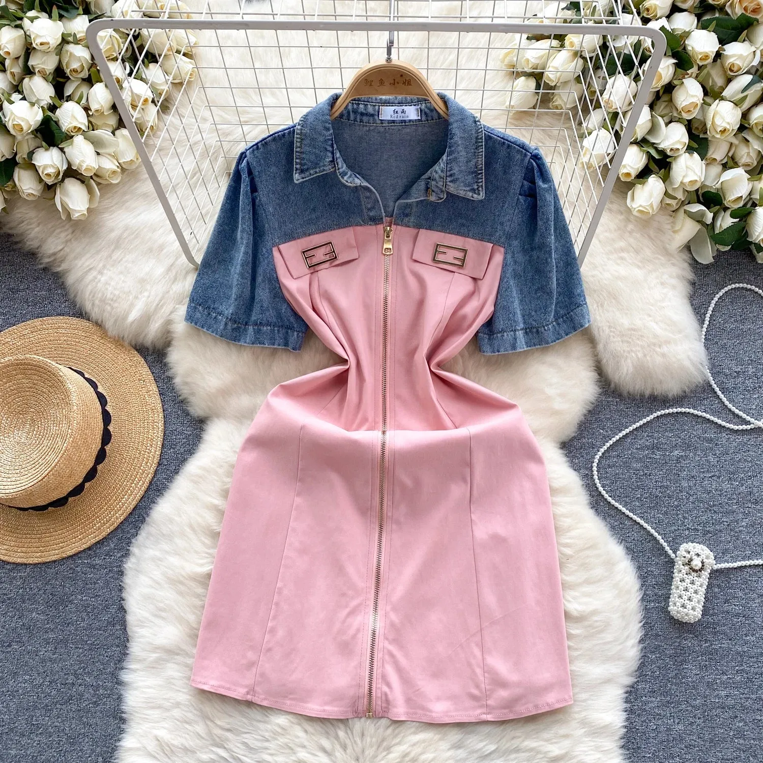 Vintage Women's Denim Short Sleeve Splicing Zipper Slim Short mini Dresses Contemporary Design Fluid movement