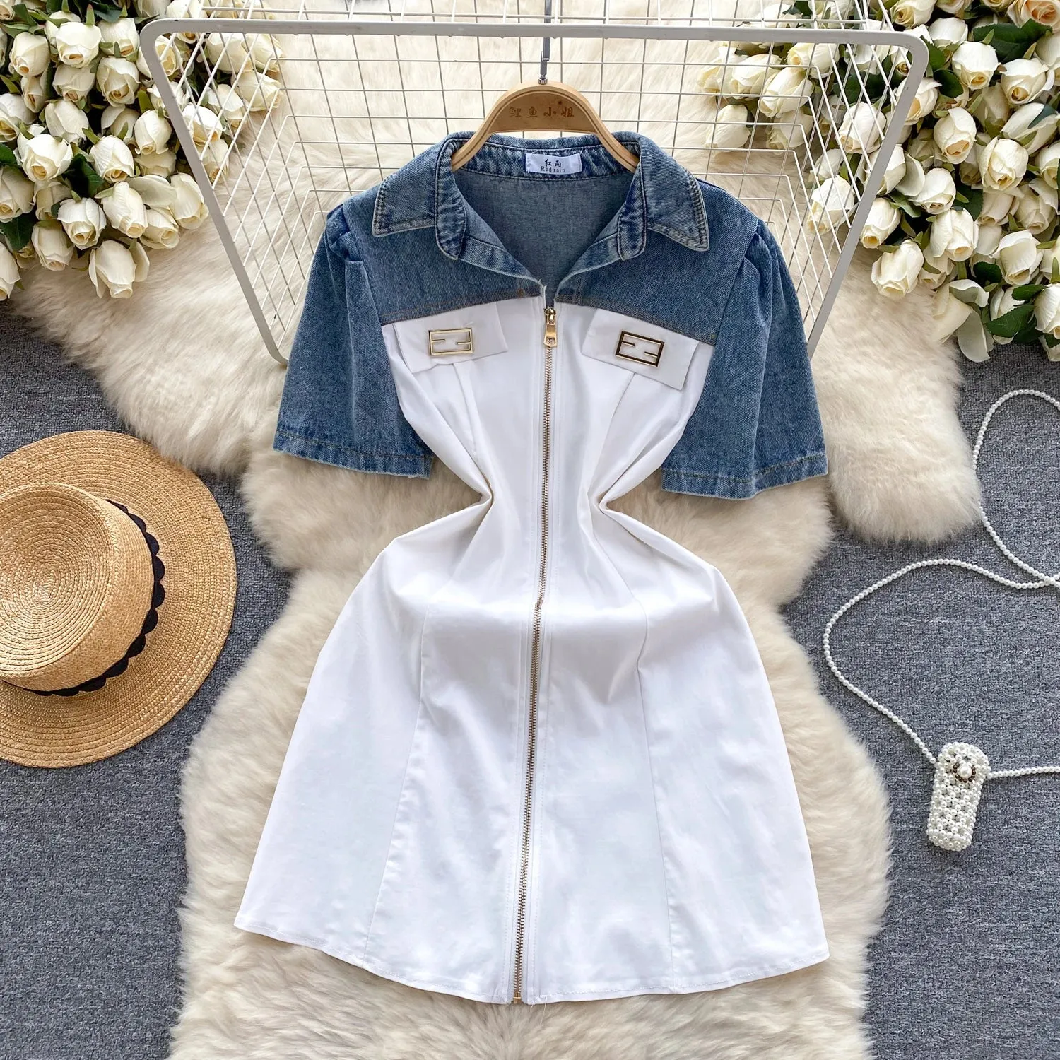 Natural Form Pleat Breeze Vintage Women's Denim Short Sleeve Splicing Zipper Slim Short mini Dresses