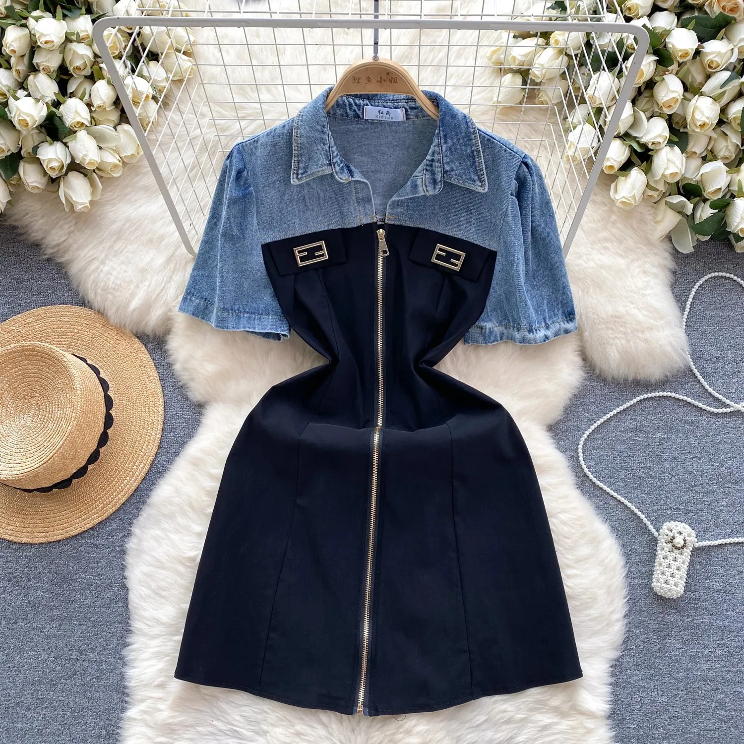 Comfortable Design Wear Vintage Women's Denim Short Sleeve Splicing Zipper Slim Short mini Dresses