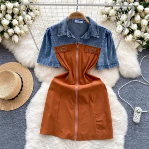Vintage Women's Denim Short Sleeve Splicing Zipper Slim Short mini Dresses Formal Aura Timeless office dress