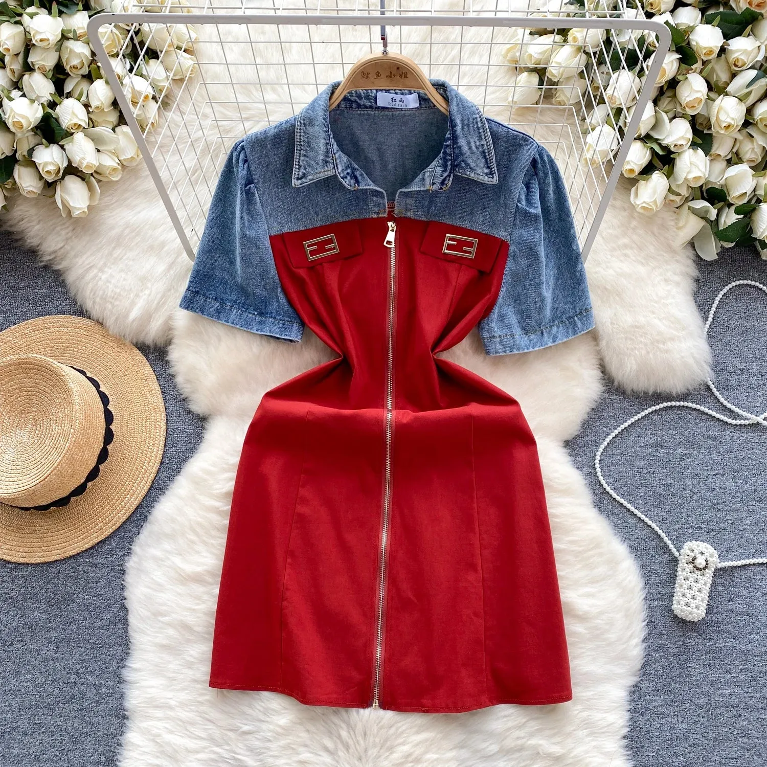 Perfect Shape Vintage Women's Denim Short Sleeve Splicing Zipper Slim Short mini Dresses
