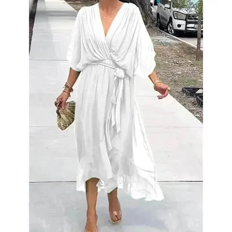 Comfort Mode Batwing Sleeve V-neck Dress Summer Pure Color Tied Irregular Wrap Midi Dresses for Women
