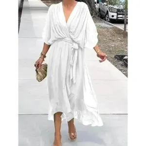 Romantic Bloom ElasticWaistband Batwing Sleeve V-neck Dress Summer Pure Color Tied Irregular Wrap Midi Dresses for Women