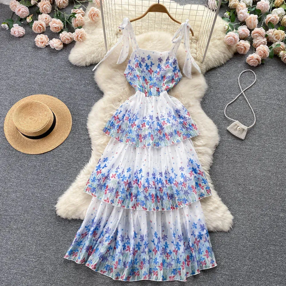 Temperament fairy first love suspender floral long skirt female high waist thin cake dress Cotton Touch Flow Ready
