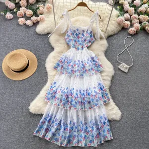 Temperament fairy first love suspender floral long skirt female high waist thin cake dress Date Nightwear
